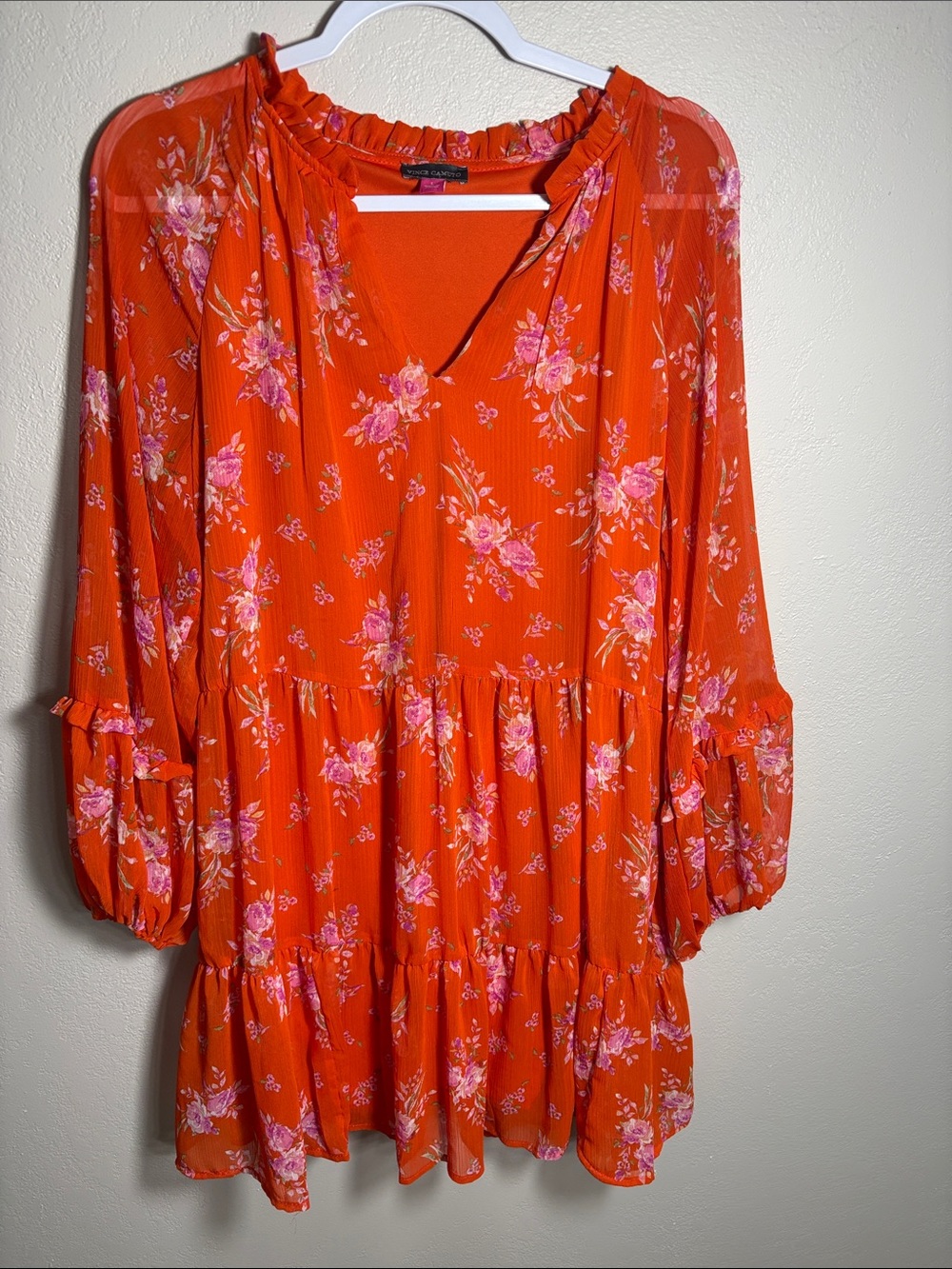 Vince Camuto Orange Floral V-Neck Tiered Long Sleeve Dress